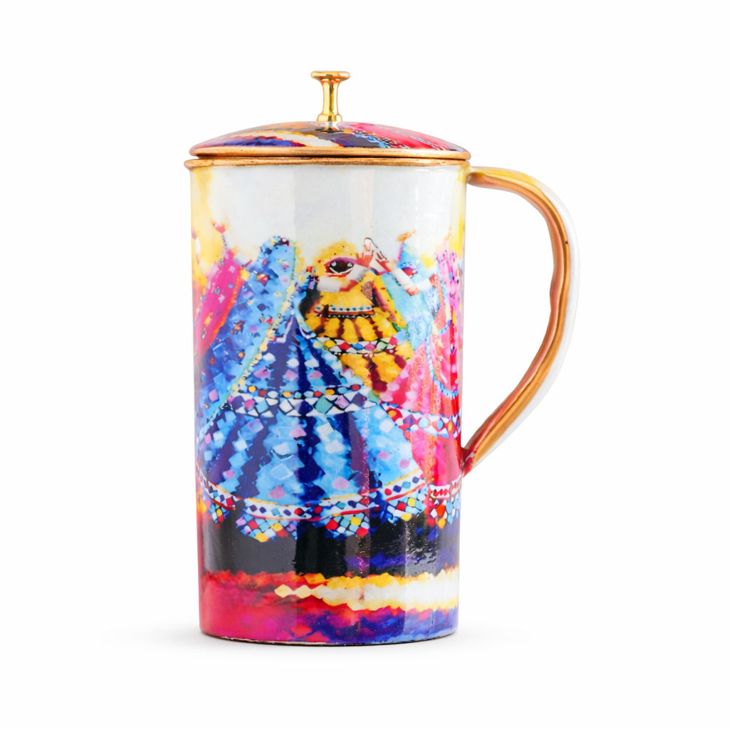 Pure copper printed jug padharo mhare desh design dancingwomen, 2000 ML